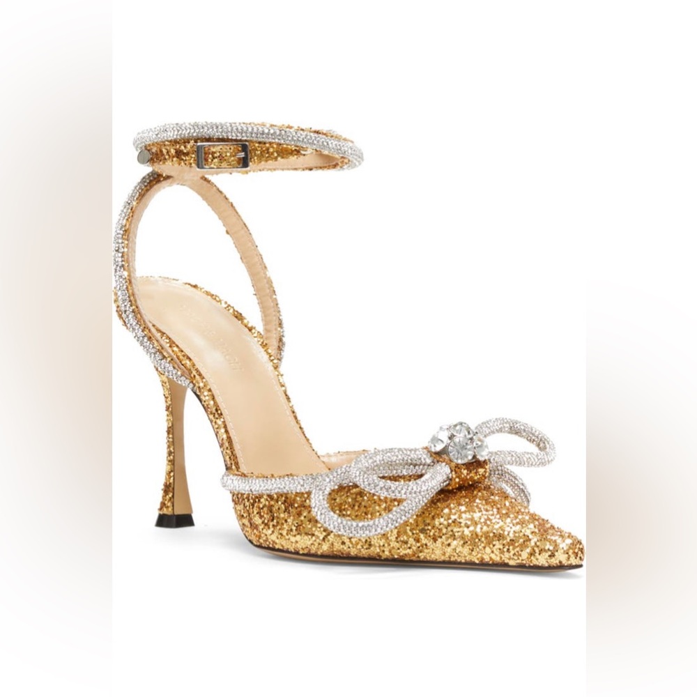 Mach & Mach Double Bow Pointed Toe Pump Gold New … - image 1